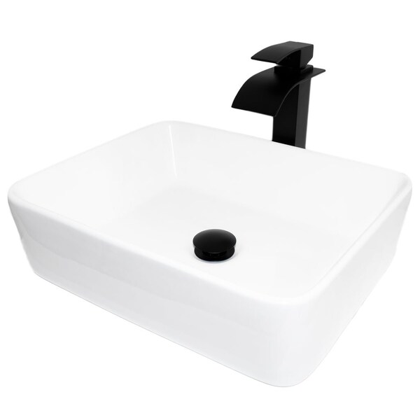 Novatto White Porcelain Vessel Sink with Matte Black Faucet, Drain and Sealer NSFC-01321136MB - main